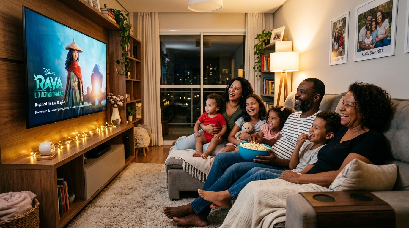 Família brasileira feliz assistindo TV com teste IPTV 7 dias
